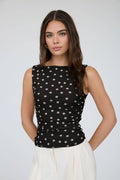 POLKA DOT BOAT NECK SLEEVELESS MESH KNIT TOP: BLACK