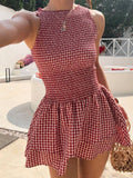 Women’s Smocked Gingham Sleeveless Ruffle Mini Dress: Red