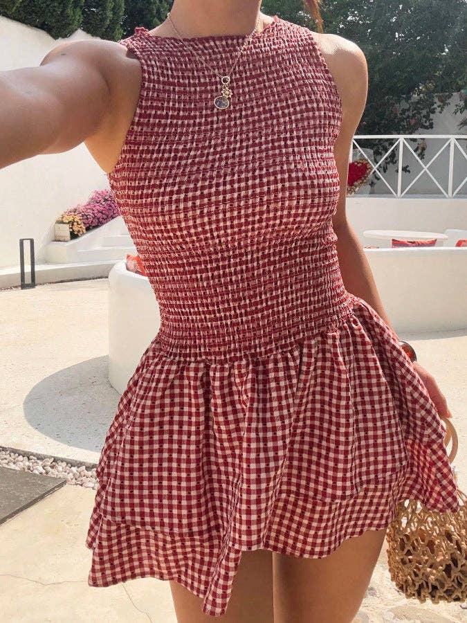 Women’s Smocked Gingham Sleeveless Ruffle Mini Dress: Red