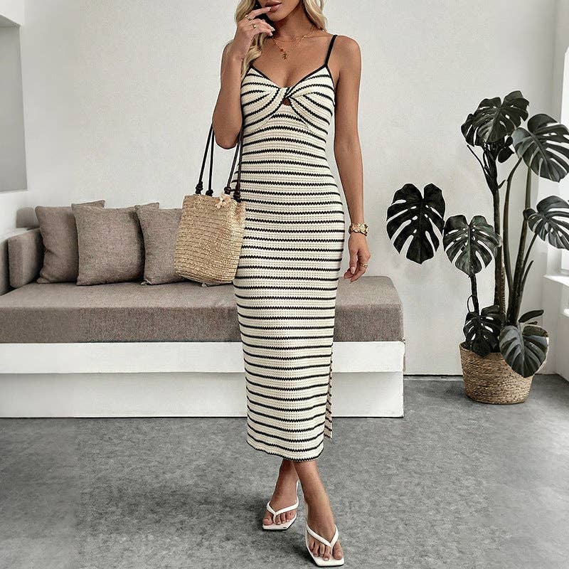 Striped Knit Twist Front Midi Dress Bodycon Summer: Apricot/Black