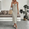 Striped Knit Twist Front Midi Dress Bodycon Summer: Apricot/Black