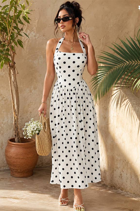 Polka Dot Halter Maxi Dress: Cream combo