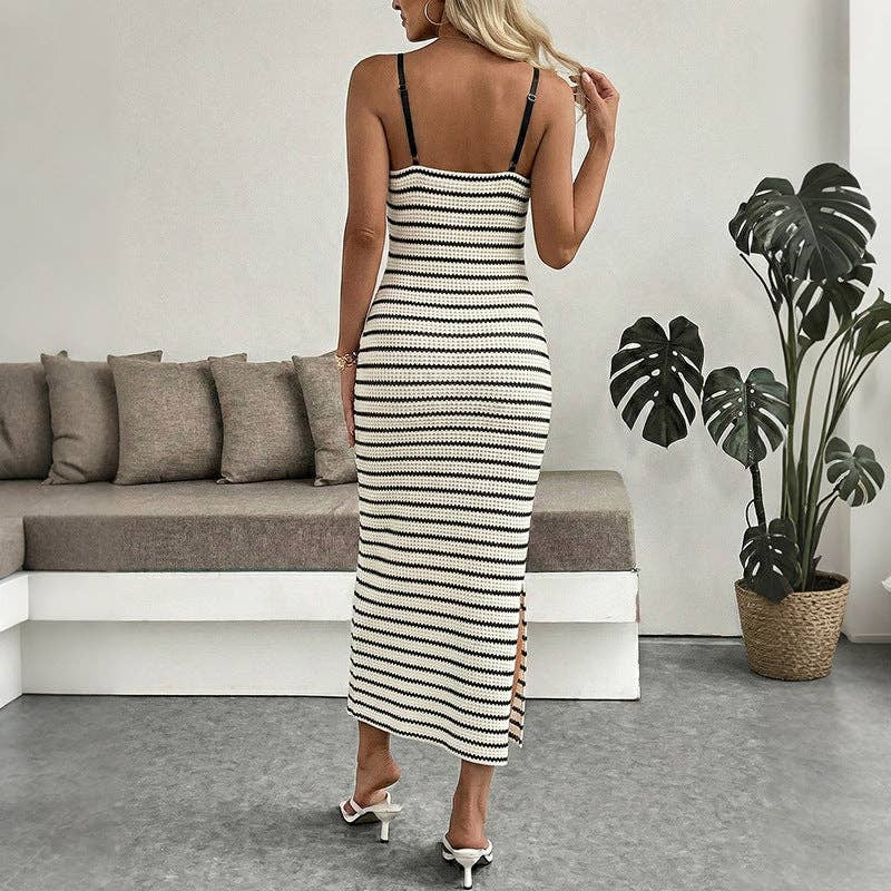 Striped Knit Twist Front Midi Dress Bodycon Summer: Apricot/Black