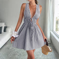 Summer Striped Backless Tie Front Mini Dress: Navy Blue