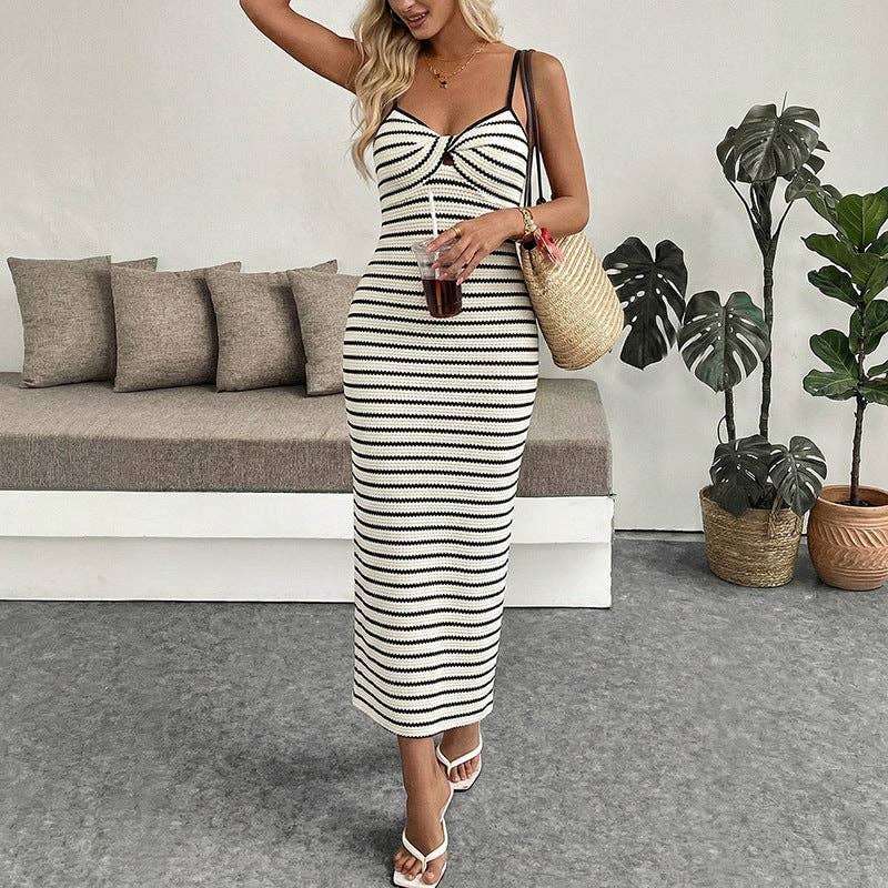 Striped Knit Twist Front Midi Dress Bodycon Summer: Apricot/Black